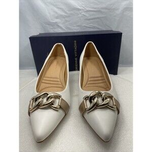 Adrienne Vittadini Saga Leather Pump, White/Gold, Women Size 9M Item#885